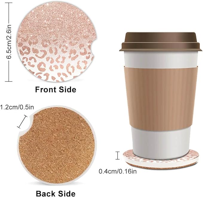 Trendy Rose Gold Glitter Leopard Absorbent Cup Holders Car Coasters,Ceramic Stone Drinks Coaster Set for Women Man 2.56"(2 Pack)