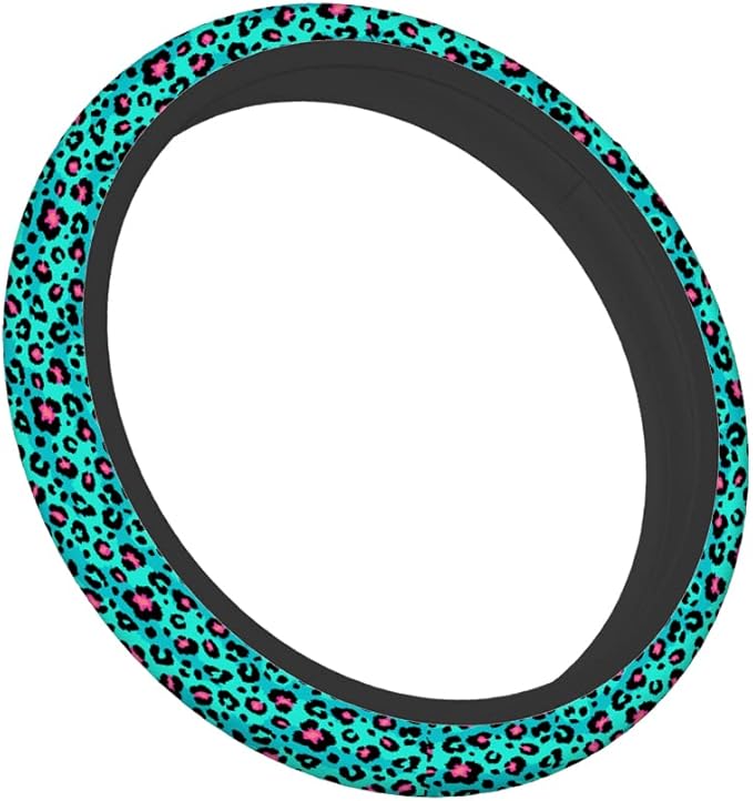Swono Leopard Skin Steering Wheel Cover Abstract Blue Pink Leopard Spots Fur Anti-Slip Car Wheel Wrap Compatible with Most Auto Cars Trucks with 15 Inch Steering Wheels