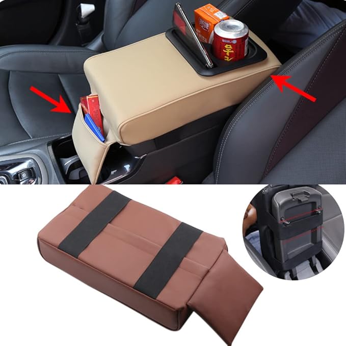 soputry Leather Car Armrest Box Pad, 2023 New Car Center Console Cover Pad Leather Auto Armrest Cover, Universal Arm Rest Cushion Pads for SUV/Truck/Vehicle (Brown2.0, with Cup Holder)