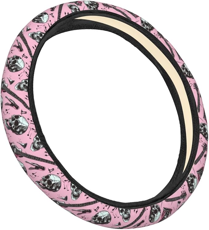 Rock Roll Skull Love Music Steering Wheel Covers Anti-Slip Elasticity Car Accessories Steering Wheel Protector Universal 15 Inch for Cars SUV Vehicle Truck