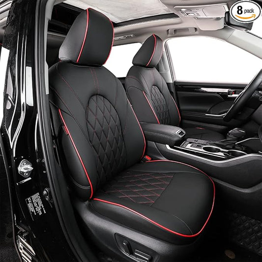 EKR Highlander Seat Covers for Toyota Highlander 2014 2015 2016 2017 2018 2019,2nd Row 40/60 Split,Car Seat Protectors for Trucks,Leather Car Seat Cover Full Set-Faux Leather(Black with Red Trim)