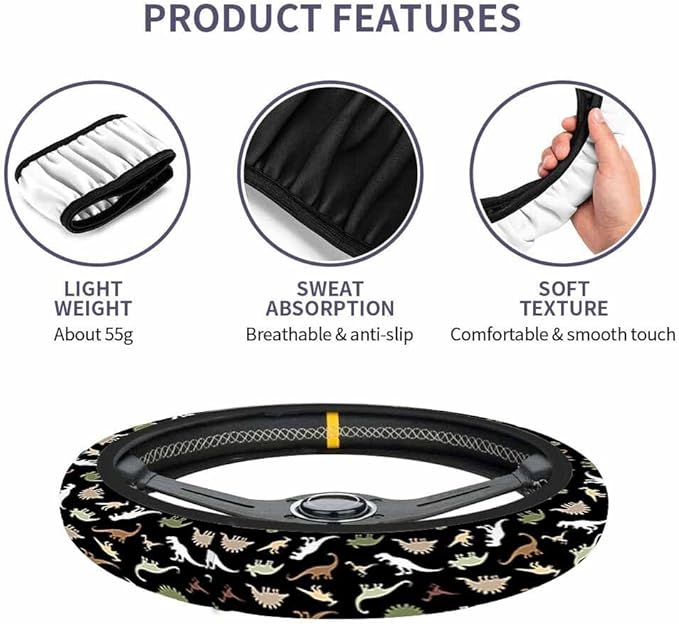 Dinosaur Car Steering Wheel Cover Cute Cartoon Hand Drawn Dinosaur Steering Wheel Cover Car Decor Suitable for Most Vehicles Including Trucks and SUV