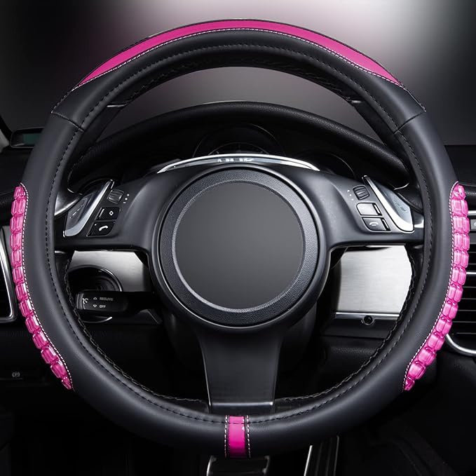 Flying Banner car Steering Wheel Cover Gel Massage Velvet Cool Warm Universal Size 15 inches SUV Truck Anti Slip Odorless Summer Winter (Black Pink, Gel Massage)