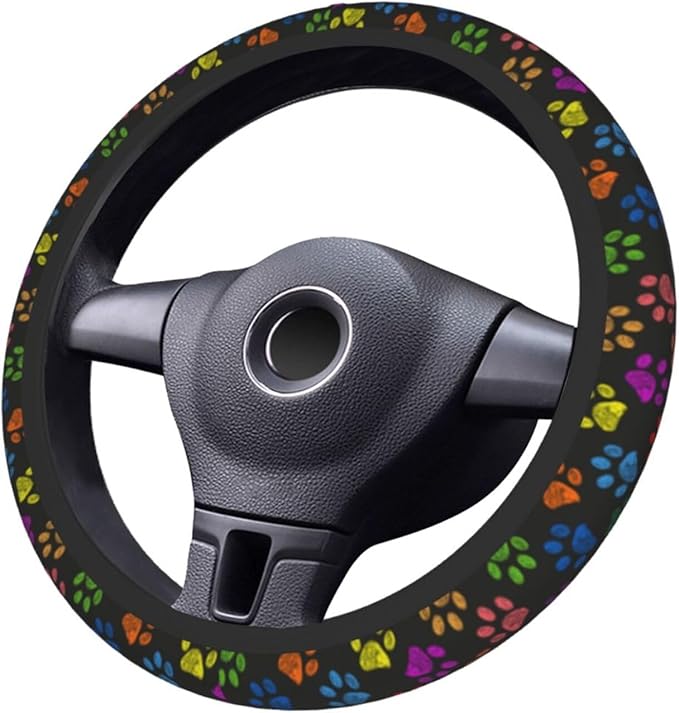 Paw Prints Steering Wheel Cover with 2 Car Coasters Non Slip Neoprene for Women Men Universal 15 Inch