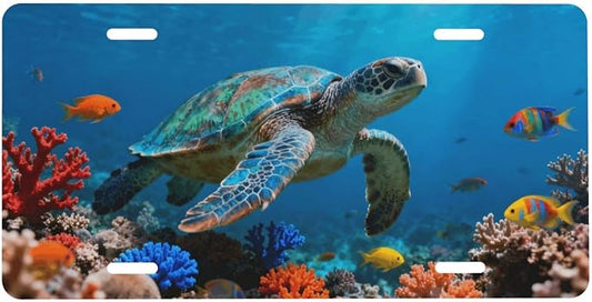 Sea Turtles Fish Underwater Corals Front License Plate Car Decorative License Plates Aluminum Metal Decor Accessory Novelty Vanity Tag Cover with 4 Holes for Men Women 6" X 12"