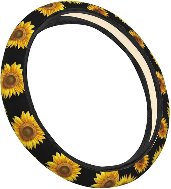 Golden Sunflower Black Steering Wheel Covers Anti-Slip Elasticity Car Accessories Steering Wheel Protector Universal 15 Inch for Cars SUV Vehicle Truck