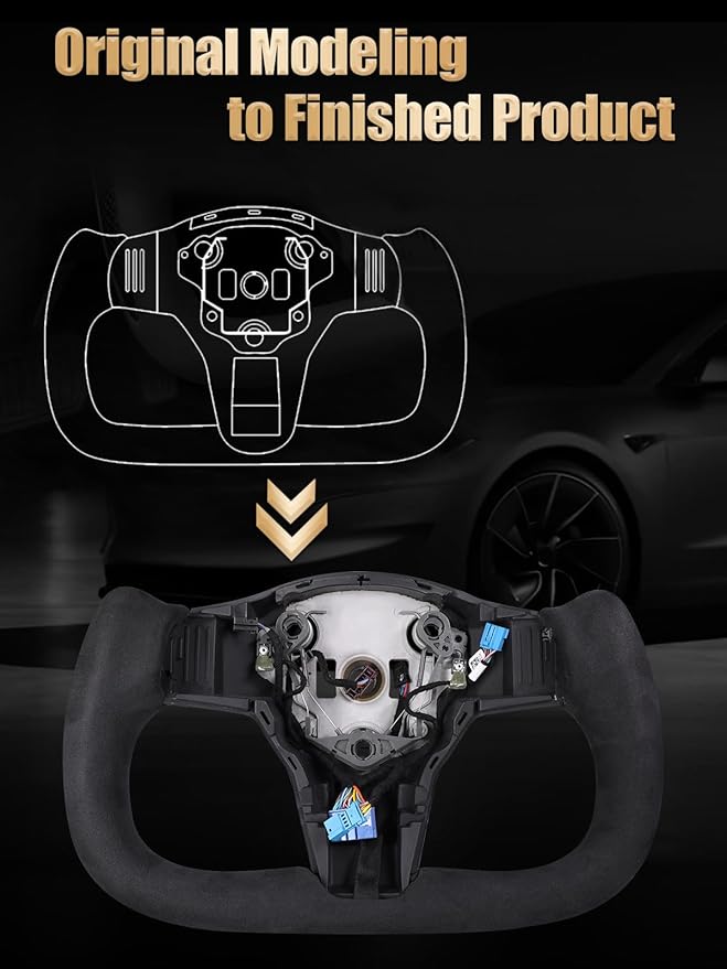 ZIMABLUE Yoke Steering Wheel Personalized Yoke Steering Wheel Suede Leather with Side Glossy Carbon Fiber without Front Trim for Tesla Model 3 2017-2023, Model Y 2019-2024 With Heating Function