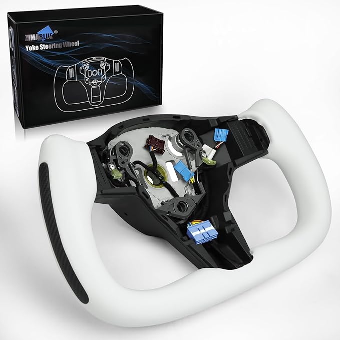 ZIMABLUE Yoke Steering Wheel Personalized Yoke Steering Wheel, Nappa Leather with Side Matte Carbon Fiber without Front Trim for Tesla Model 3 2017-2023, Model Y 2019-2024 With Heating Function