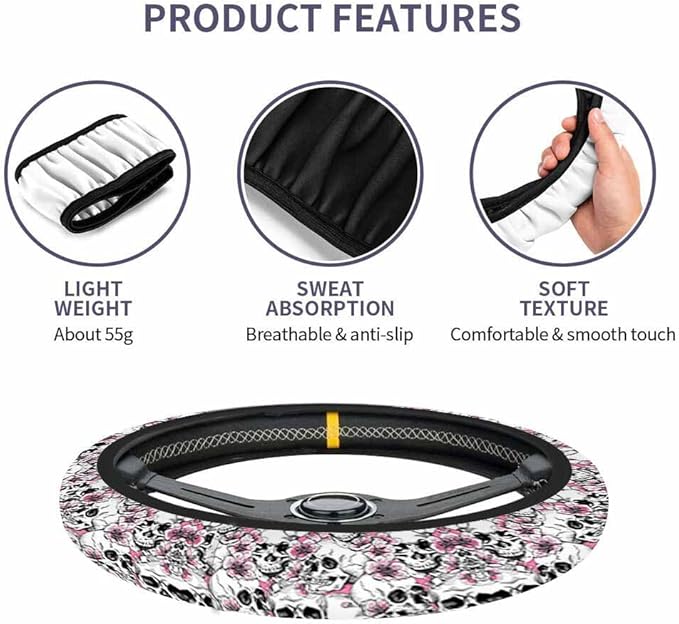 Skull and Flowers Car Steering Wheel Cover Pink Cherry Blossom Steering Wheel Cover Car Decor Suitable for Most Vehicles Including Trucks and SUV