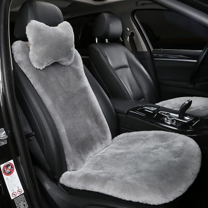 OGLAND Shearling Sheepskin Car Seat Cover-Fluffy Fuzzy Soft Fur Auto Seat Cushion for Universal Comy Seat Pad Accessories Automobiles (3 Pack Front, Misty Gray)