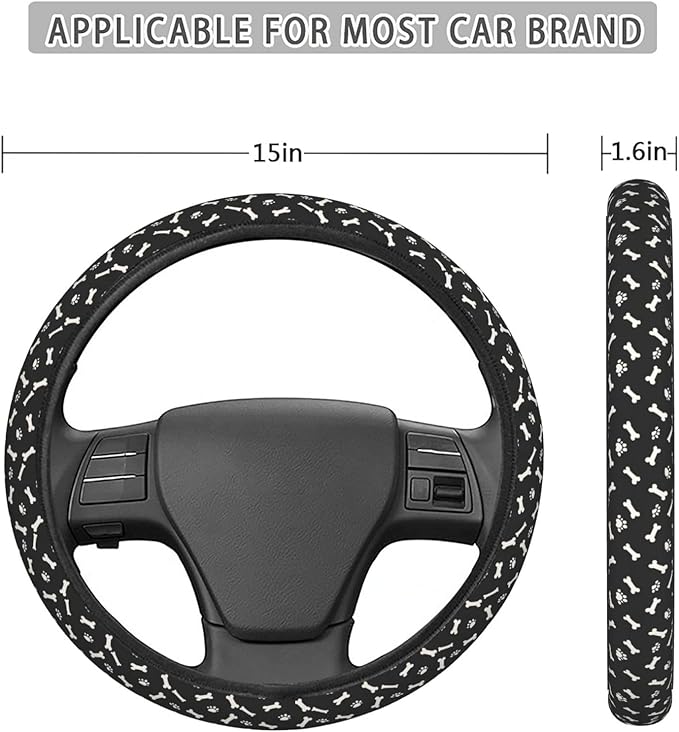 Dog Paw Bone Print Steering Wheel Covers Anti-Slip Elasticity Car Accessories Steering Wheel Protector Universal 15 Inch for Cars SUV Vehicle Truck