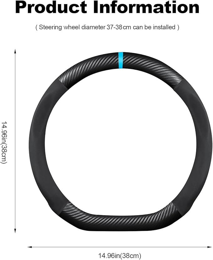 Ergocar D-Shaped Carbon Fiber & Microfiber PU Leather Steering Wheel Cover Anti-Slip Car Steering Wheel Protector Breathable Sweat Absorbent Sport for Diameter 38cm（15"）-Black Blue