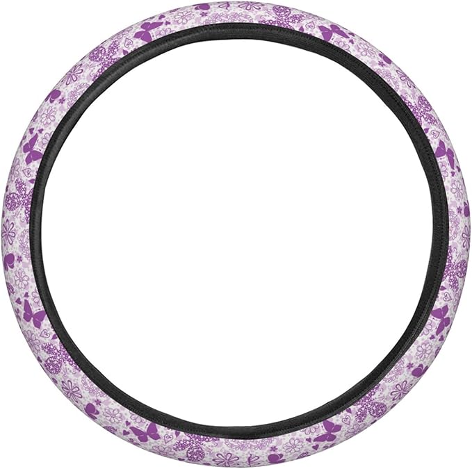 Dujiea Hearts and Butterflies Elastic Stretch Steering Wheel Cover, Anti-Slip and Durable Car Steering Wheel Accessories for Women Men, 15 Inch Universal Fit Car, Truck, SUV