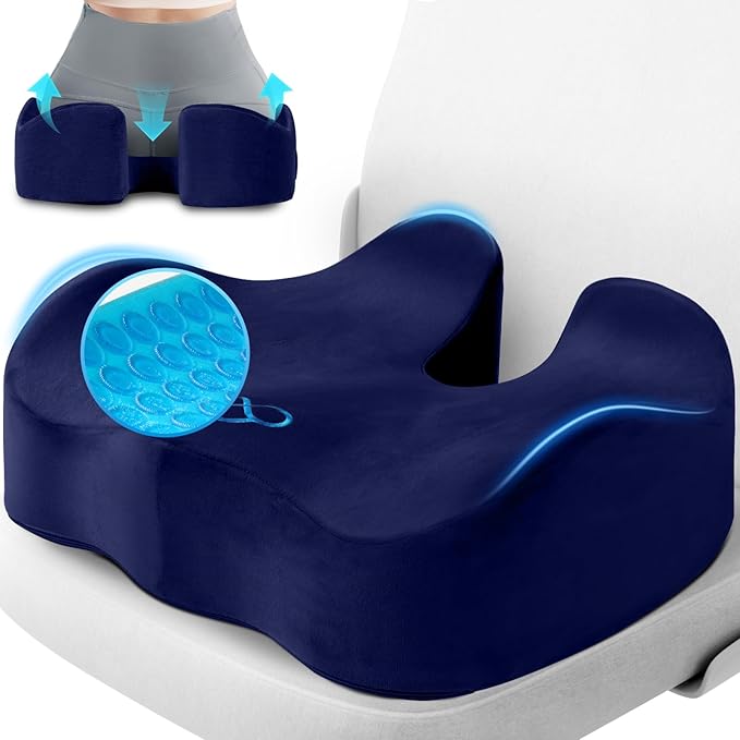 Seat Cushion, Gel Chair Cushions, Office Chair Cushions, Anti-Slip Bottom & Removable Cover Tailbone Pain Relief Cushion, Memory Foam Seat Cushion, 5.28 in Thick (Blue)
