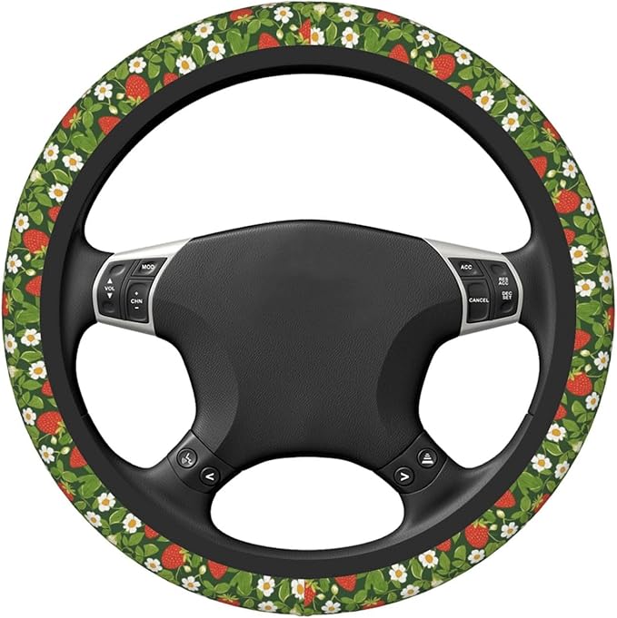 White Flowers Strawberry Steering Wheel Cover for Women Girls, 15 Inches Anti-Slip Steering Wheel Cover for Auto Truck SUV