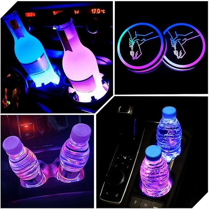 2PCS LED Cup Holder Lights for Car,7 Colors Changing USB Charging Cup Holder Insert Coasters,LED Car Coasters,Luminescent Cup Pad Interior Atmosphere Lamp Decoration Light