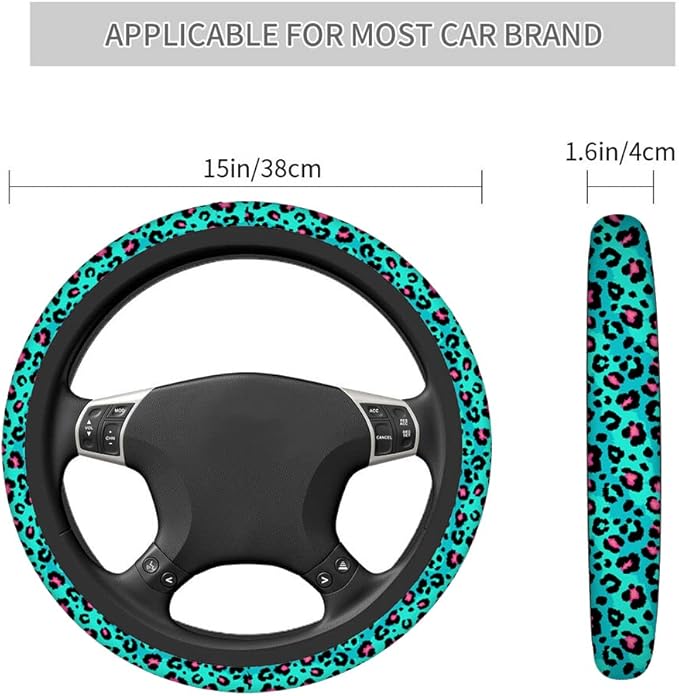 Swono Leopard Skin Steering Wheel Cover Abstract Blue Pink Leopard Spots Fur Anti-Slip Car Wheel Wrap Compatible with Most Auto Cars Trucks with 15 Inch Steering Wheels