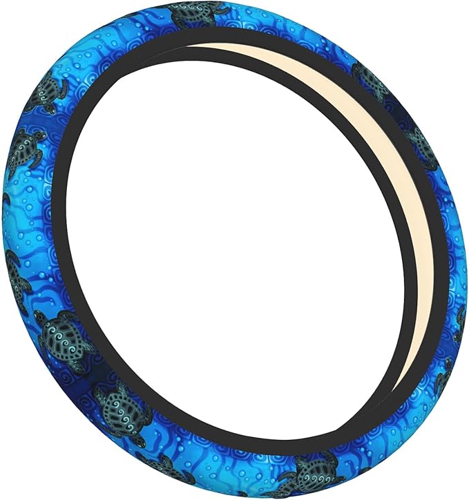 Watercolor Blue Sea Turtle Car Steering Wheel Cover Universal Fit 15 Inch, Anti-Slip Breathable Sweat Absorption Neoprene Steering Wheel Protector for Women Men