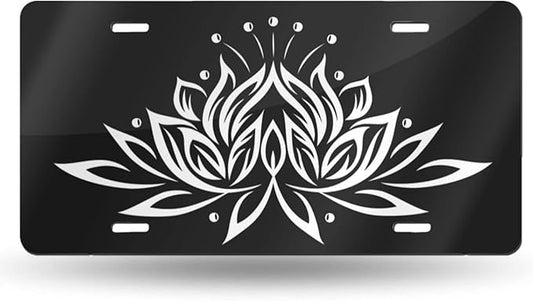 White Lotus Front License Plate Aluminum Decorative License Plates Funny Metal Car Plate 6"X12" Novelty Vanity Tag Cover with 4 Holes Car Decor Accessory