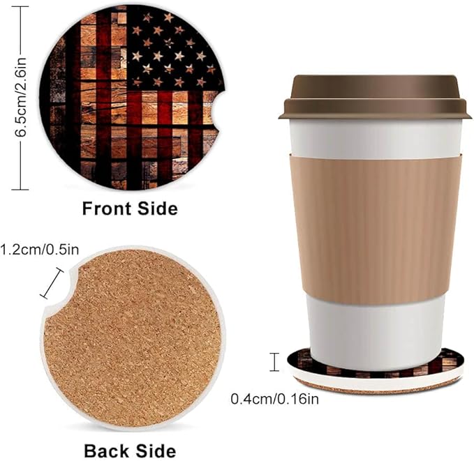 Old Wood USA Flag Absorbent Cup Holders Car Coasters,Ceramic Stone Drinks Coaster Set for Women Man 2.56"(2 Pack)