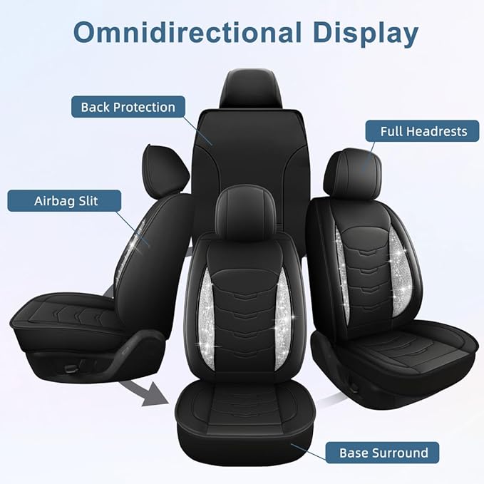 Seat Covers Fit for Toyota Highlander 2007-2026: Bling Diamond Faux Leather Automotive Cushion Covers Waterproof Breathable Car Seat Cover Airbag Compatible Seat Protector (Full Seats, Black)