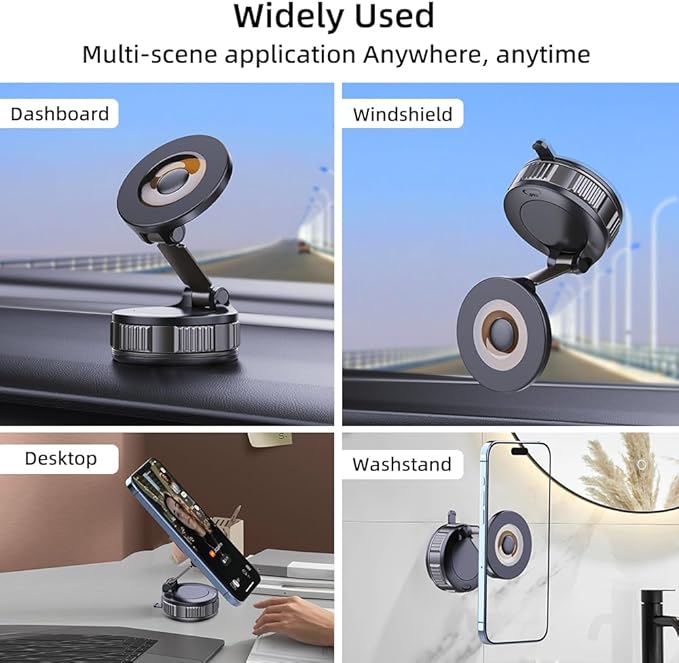 Phone Holders for Your Car Adjustable Upgraded Vacuum Magnetic Suction Cup Phone Mount for Car/Gym/Mirror,Magnetic Car Phone Holder Compatible with iPhone Android and All Smartphones (Black)