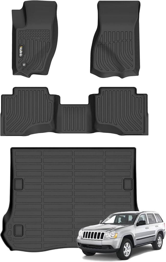 Wailtnb-Car Floor Mats & Cargo Liner Set Fit for 2005-2010 Jeep Grand Cheroke All Weather Floor Mats for Jeep Grand Cherokee 2010 Cargo Liner TPE Waterproof Trunk Liners Full Set Accessories Black