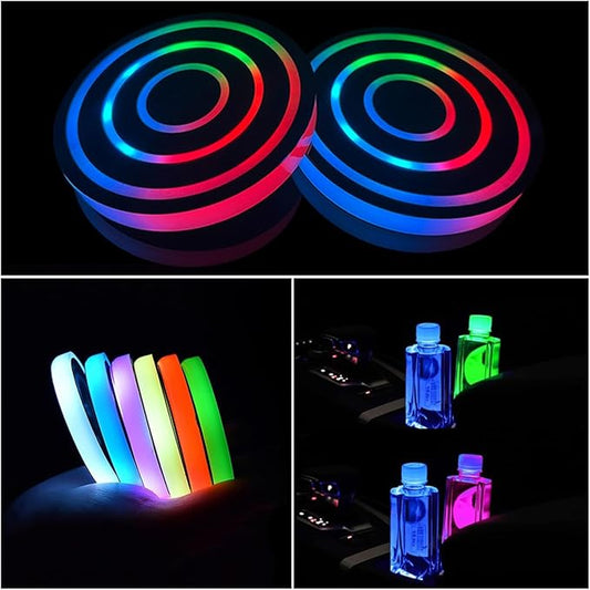 2 Pcs LED Car Cup Holder Lights,USB Charging Car Coasters,7 Colors Luminescent Light Cup Pad,Luminescent Cup Pad Interior Atmosphere Lamp Decoration Light (Circle Ring)