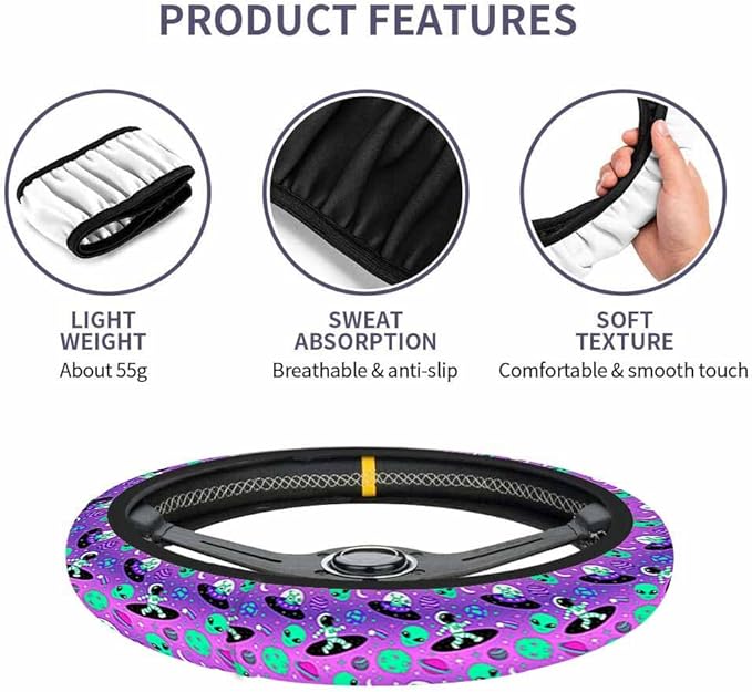 Astronauts and Aliens Car Steering Wheel Cover Travel and Exploration in Space Steering Wheel Cover Car Decor Suitable for Most Vehicles Including Trucks and SUV