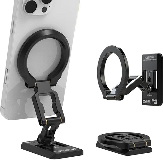 Dual Magnetic Phone Holder Gym Magnetic Stand,Tripod Phone Mount (1/4'' Hole& ARCA-Swiss),Portable Phone Grip for iPhone 12/13/14/15/16/17-Desk/Car/Gym/Golf Cart/Airplane Use Stand (Black)