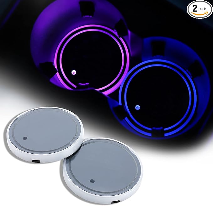 ACODABLEM 2 Pack LED Cup Holder Lights, Car Coaster with 7 Colors Changing USB Charging Mat, Luminescent Cup Pad Interior Atmosphere Lamp Decoration Light