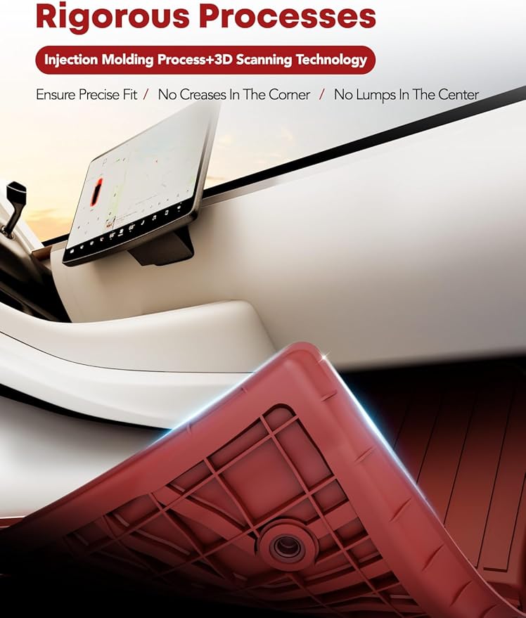 YHTAUTO Custom Fit Light Red Car Floor Mats for Tesla Model Y 2025-2020 (5-Seat) Not for Juniper, 1st & 2nd Row All Weather TPE Car Carpet Liners, Anti-Slip Waterproof, Automatic Mats, Set of 3