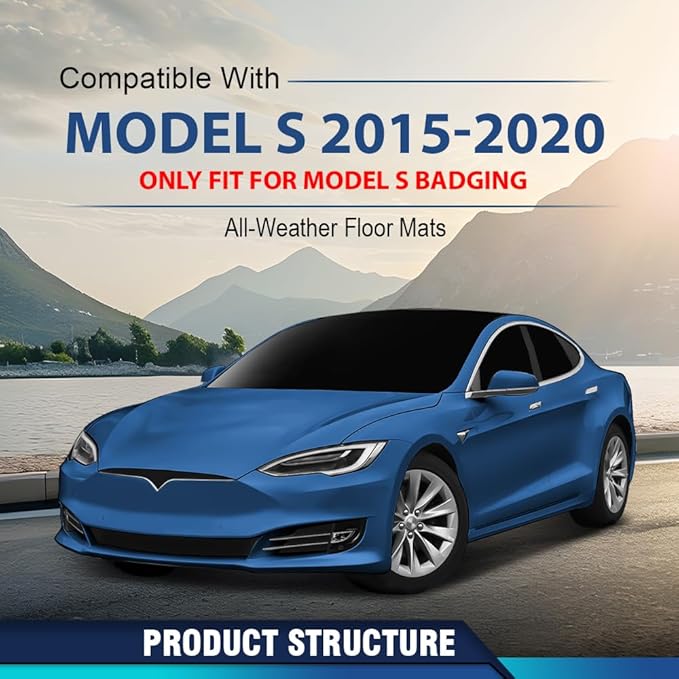 PIT66 Floor Mats Cargo Liners Compatible with Tesla Model S 2015-2020 (Only for Model S Badging) (Heavy Duty) 3-Piece Premium All Weather Automotive TPE Liners