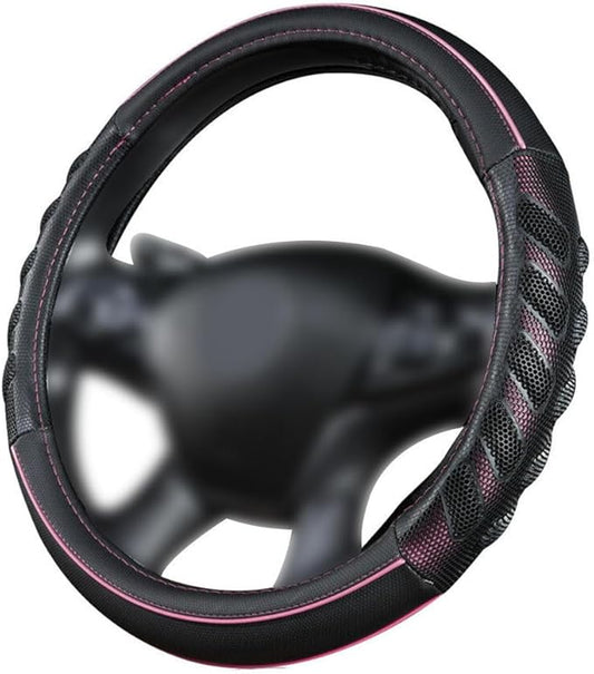 Flying Banner car Steering Wheel Cover Faux Leather Massage Universal fit 3D Honeycomb Hole Anti-Slip Sporty 15 Inches (Pink Black)