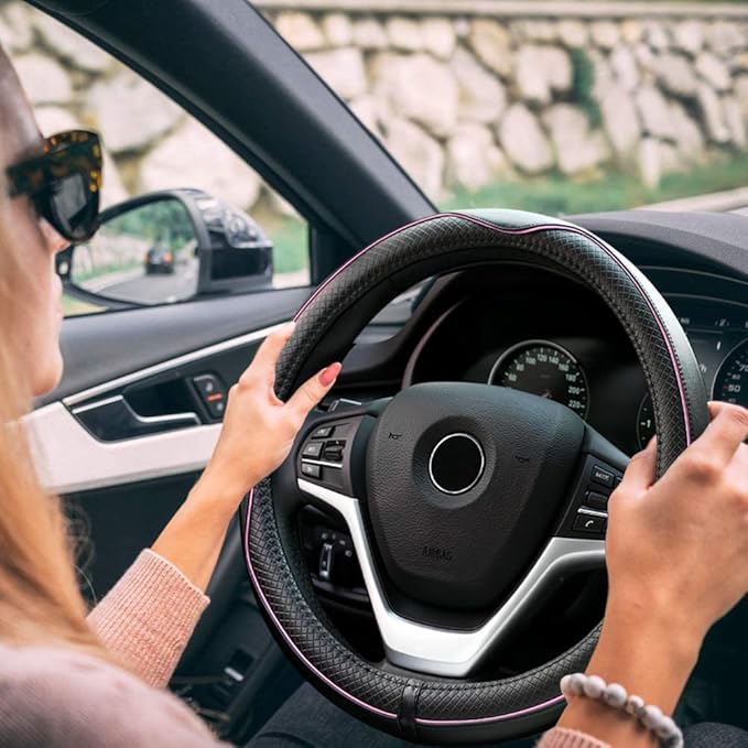 Rueesh Microfiber Leather Steering Wheel Cover Anti-Slip Matte Finish Auto Car Wheel Cover Universal 15 Inch Wheel Cover for Car Embossing Pattern (Pink Line)