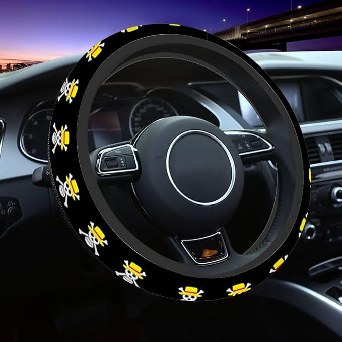 Skull Car Steering Wheel Cover Wearing a Yellow Hat Steering Wheel Cover Car Decor Suitable for Most Vehicles Including Trucks and SUV