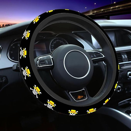 Skull Car Steering Wheel Cover Wearing a Yellow Hat Steering Wheel Cover Car Decor Suitable for Most Vehicles Including Trucks and SUV
