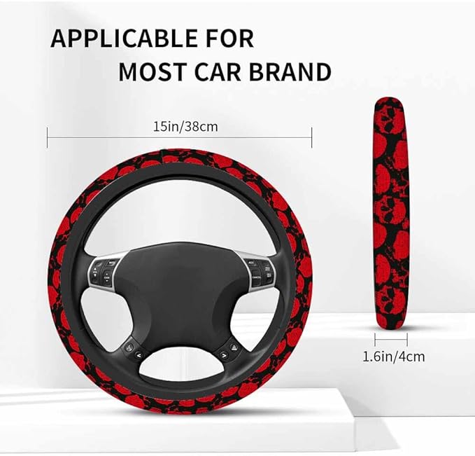 Human Skull Car Steering Wheel Cover Sinister Smiling Skull in Retro Style with Handwritten Text Steering Wheel Cover Car Decor Suitable for Most Vehicles Including Trucks and SUV