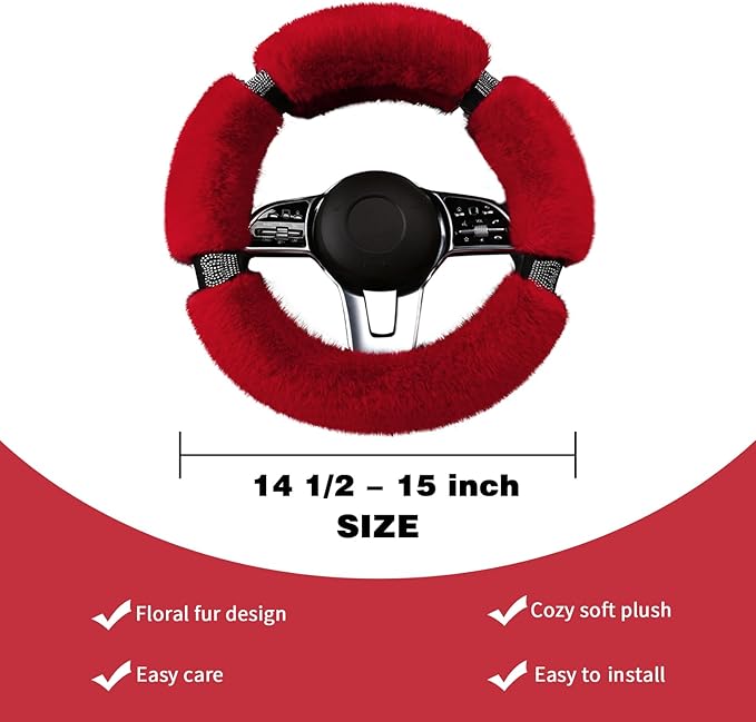 Fluffy Steering Wheel Cover for Women with Bling Crystal Diamond, Warm & Anti-Slip Plush Fur, Cute Girly Car Interior Decor Accessory, Universal Fit for 14.5-15 Inch Wheels (Red)
