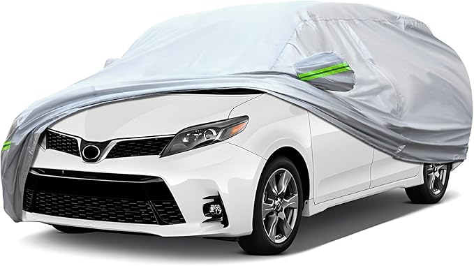Full Car Cover Universal 6 Layers Outdoor Thicked All Weather Cover, Sunshield, Waterproof, Snow Proof, UV Proof, Scratch Proof, Bird Droppings, 6 Reflective Strips, Fits MPV up 199"-210"