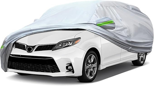 Full Car Cover Universal 6 Layers Outdoor Thicked All Weather Cover, Sunshield, Waterproof, Snow Proof, UV Proof, Scratch Proof, Bird Droppings, 6 Reflective Strips, Fits MPV up 199"-210"