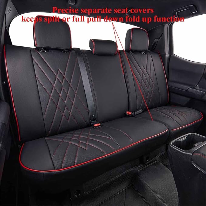 EKR Custom Fit Tacoma Car Seat Covers for Select Toyota Tacoma 2016 2017 2018 2019 2020 2021 2022 2023 Double Cab/Crew Cab - Full Set,Leather(Black with Red Trim)