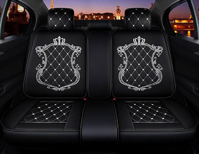 Skysep Crown Full Set Universal Fit 5 Seats Car Surrounded Waterproof Leather Car Seat Covers Protector Adjustable Removable Auto Seat Cushions with 2 Waist Pillows 2 Headrest Pillows (Black-White)