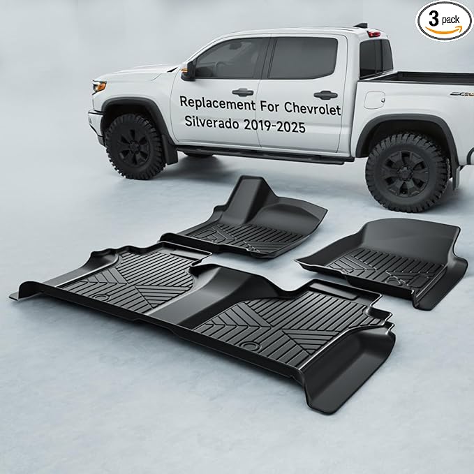 TPE All-Weather Floor Mats for Silverado 1500/ Sierra 1500 Accessories 2019-2025 & Silverado/Sierra 2500/3500 HD Crew Cab 2020-2025 Custom Fit Floor Liners (3-Piece Set, Black)