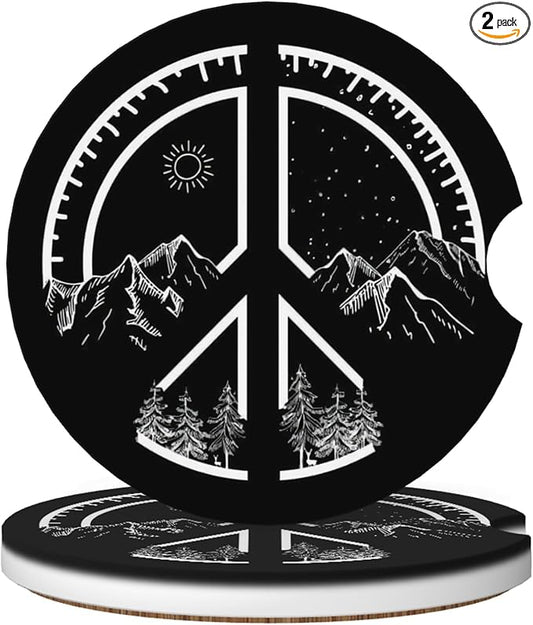 Absorbent Car Coasters for Cup Holders, 2 Pack Universal Anti Slip Ceramic Cup Coaster for Women Men 2.56 Inch Car Interior Accessories - Peace Mountain 017