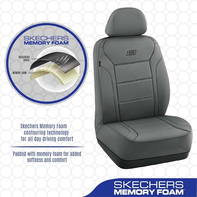 Skechers Memory Foam Car Seat Covers, Lycra Fabric Seat Covers, Car Seat Covers Front Seats Airbag Compatible, Automotive Comfort Protection for Most Cars, Trucks, SUVs, Grey