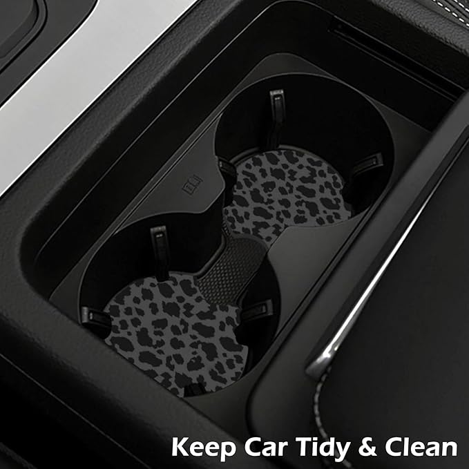 2 Pcs Car Cup Coasters, Black Leopard Print Universal Non-Slip Rubber Car Coasters for Cup Holders 2.75 inch, Car Interior Accessories for Women