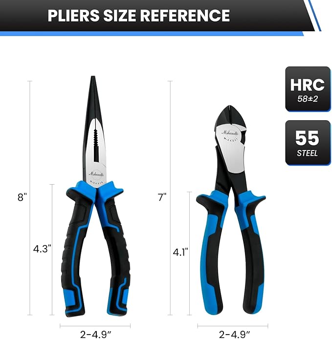 2 Pieces Plier Set, Including 8" Needle Nose Pliers and 7" Diagonal Cutting Pliers, Premium High Carbon Steel Construction for Plumbing, and General Applications Multi-use Tools Set
