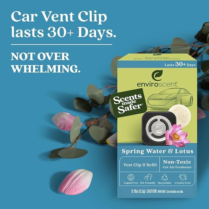 Enviroscent Non-Toxic Car Vent Clip | Single Use Car Air Freshener | Car Scent Lasting Over 30 Days Each, 8 Count (Spring Water & Lotus)