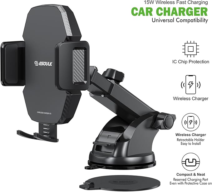 Esoulk Wireless Car Charger Phone Holder – 15W Fast Charging Holder with Auto Clamping, One-Touch Release, Dashboard & Windshield Mount – for iPhone 17/16/15/14/13 Pro Max, Samsung Galaxy S24/S23/S22